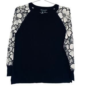 Peace of Cloth Black and White Crew Neck Floral Sheer Sleeve Sweater